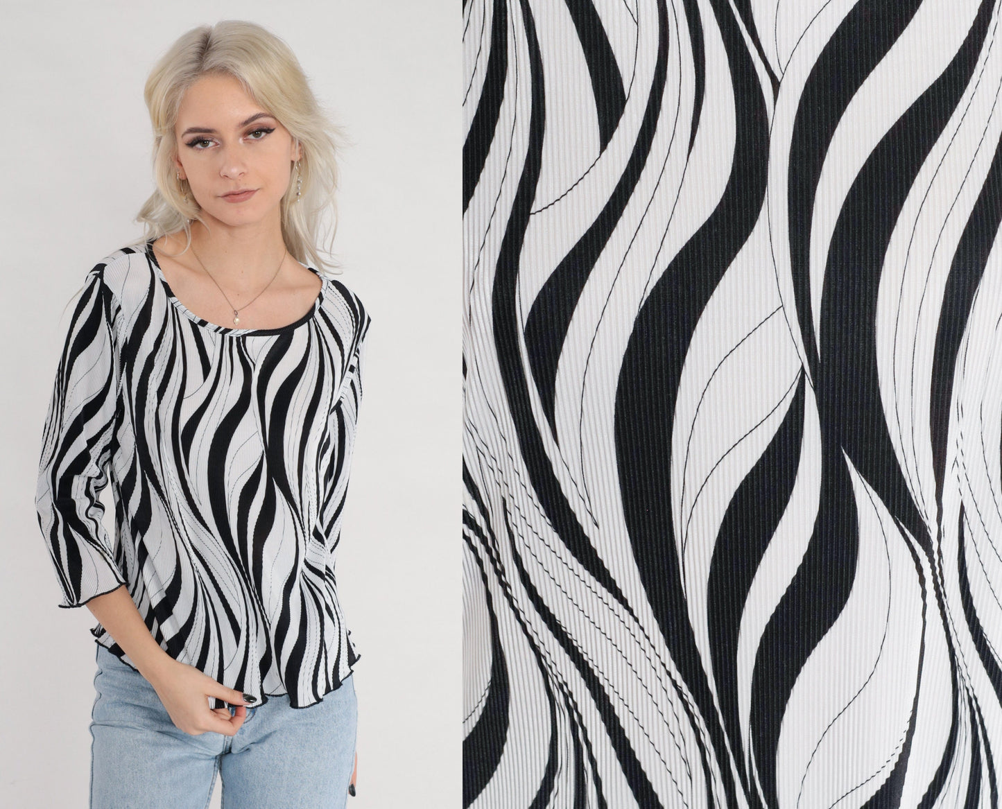00s Black and White Abstract Pleated Blouse Zebra Print 3/4 Sleeve Medium Large