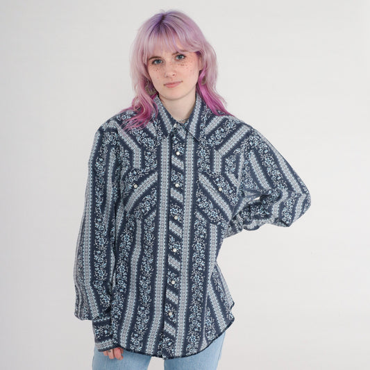00s Western Pearl Snap Shirt Dark Blue Floral Striped Long Sleeve Men's Large