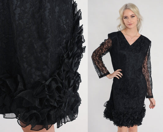 80s Black Lace Mini Dress V-Neck Ruffled Hem Long Sheer Sleeve Medium