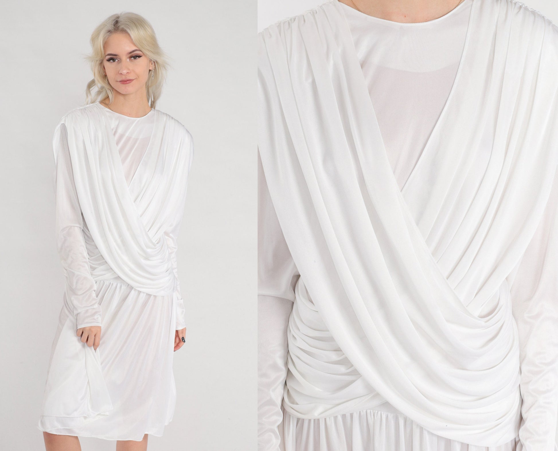 80s White Draped Midi Dress Long Sleeve Grecian Formal Small