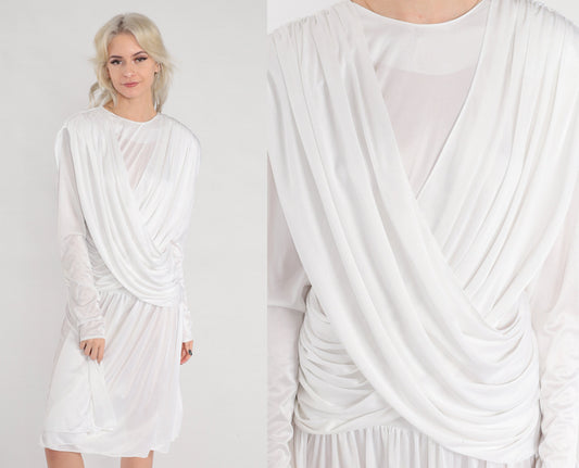 80s White Draped Midi Dress Long Sleeve Grecian Formal Small