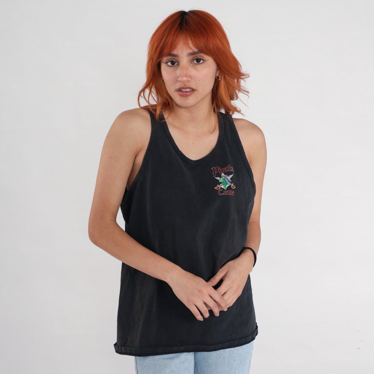 90s Pirate Cove Beach Bar Tank Top Black Graphic Cotton Medium Large