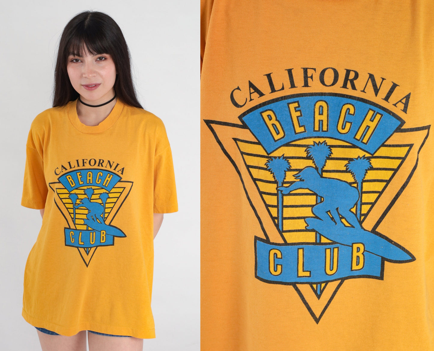 80s California Beach Club Graphic T-Shirt Yellow Single Stitch Large L