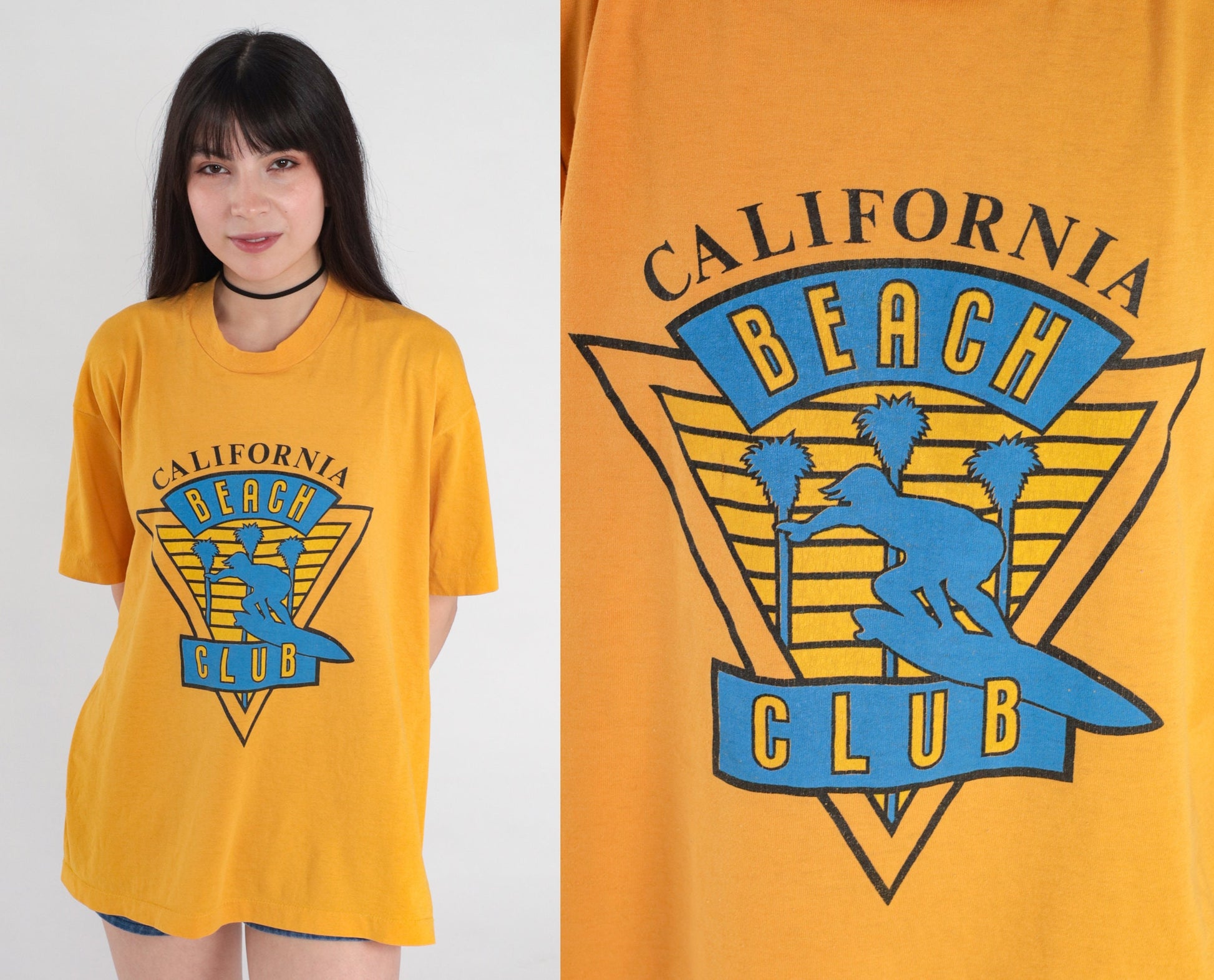 80s California Beach Club Graphic T-Shirt Yellow Single Stitch Large L