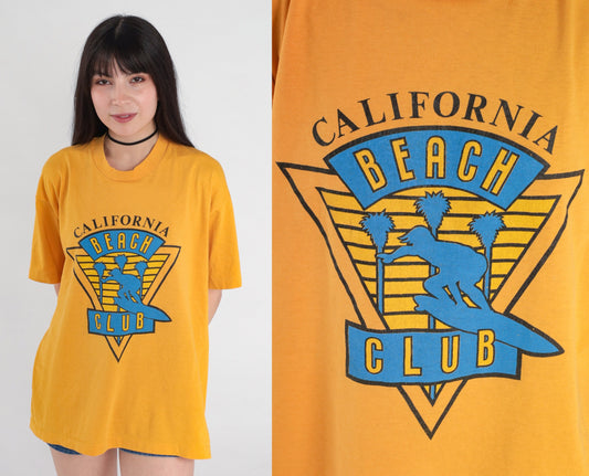 80s California Beach Club Graphic T-Shirt Yellow Single Stitch Large L