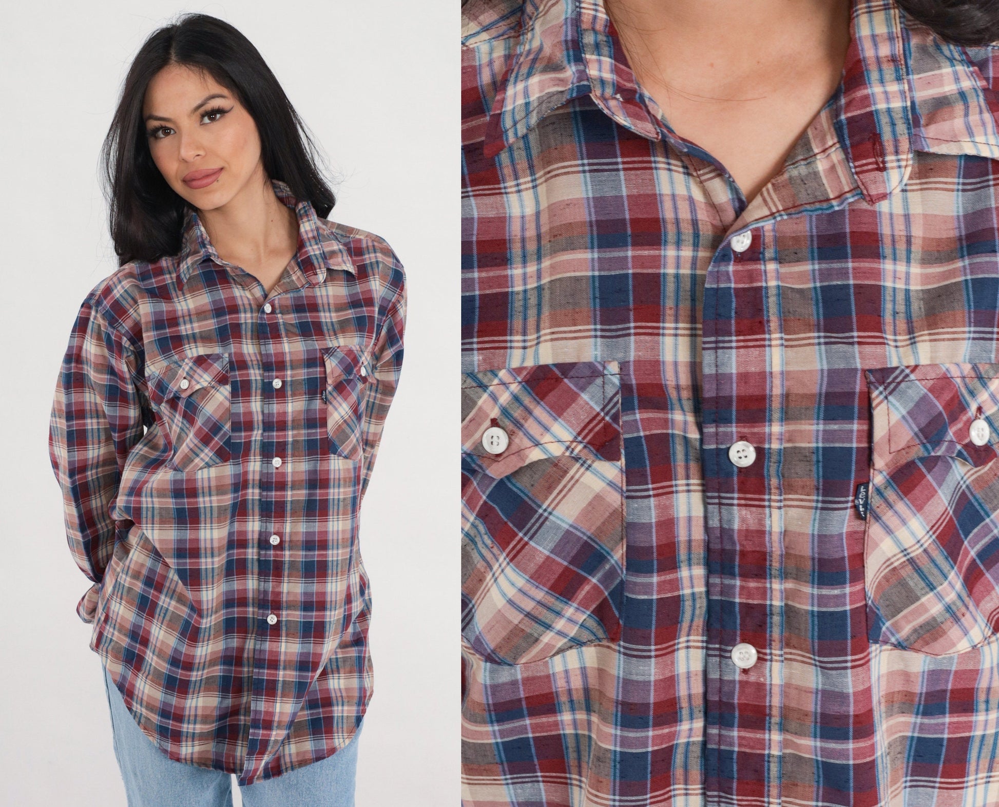80s Levi's Plaid Button-Up Shirt Long Sleeve Red Blue Tan Large L