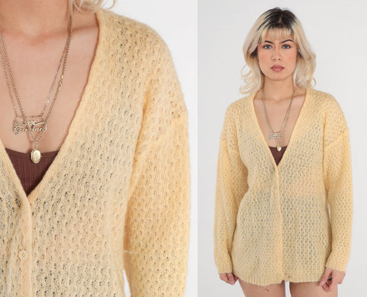 80s Yellow Mohair Cardigan Sweater Open Weave Pointelle Knit Medium