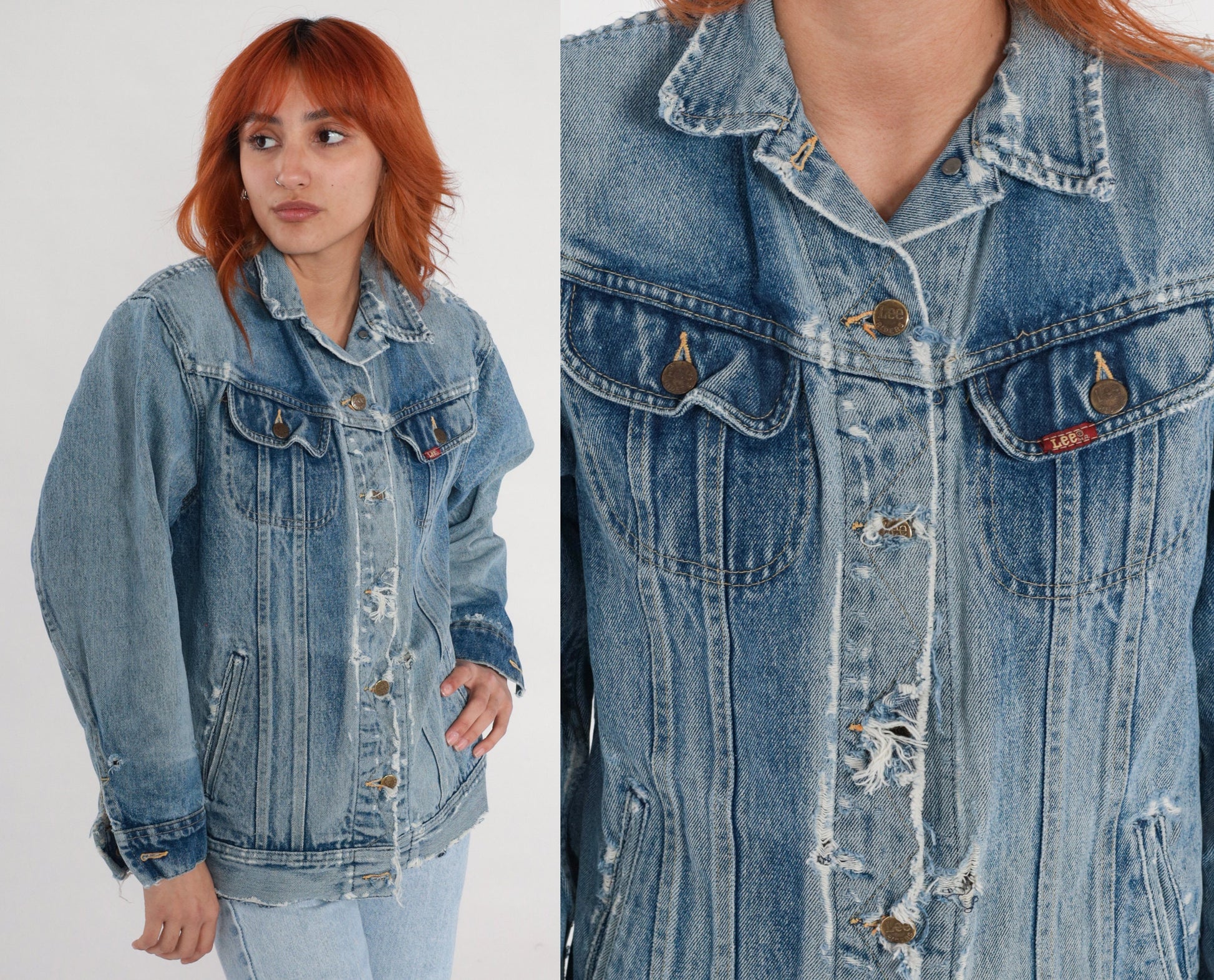 80s Lee Denim Jacket Distressed Ripped Blue Wash Trucker Small S
