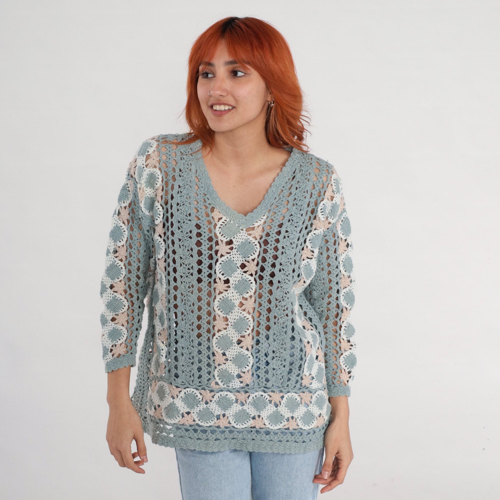 00s Blue Crochet V-Neck Sweater Sheer Cutwork Knit Medium