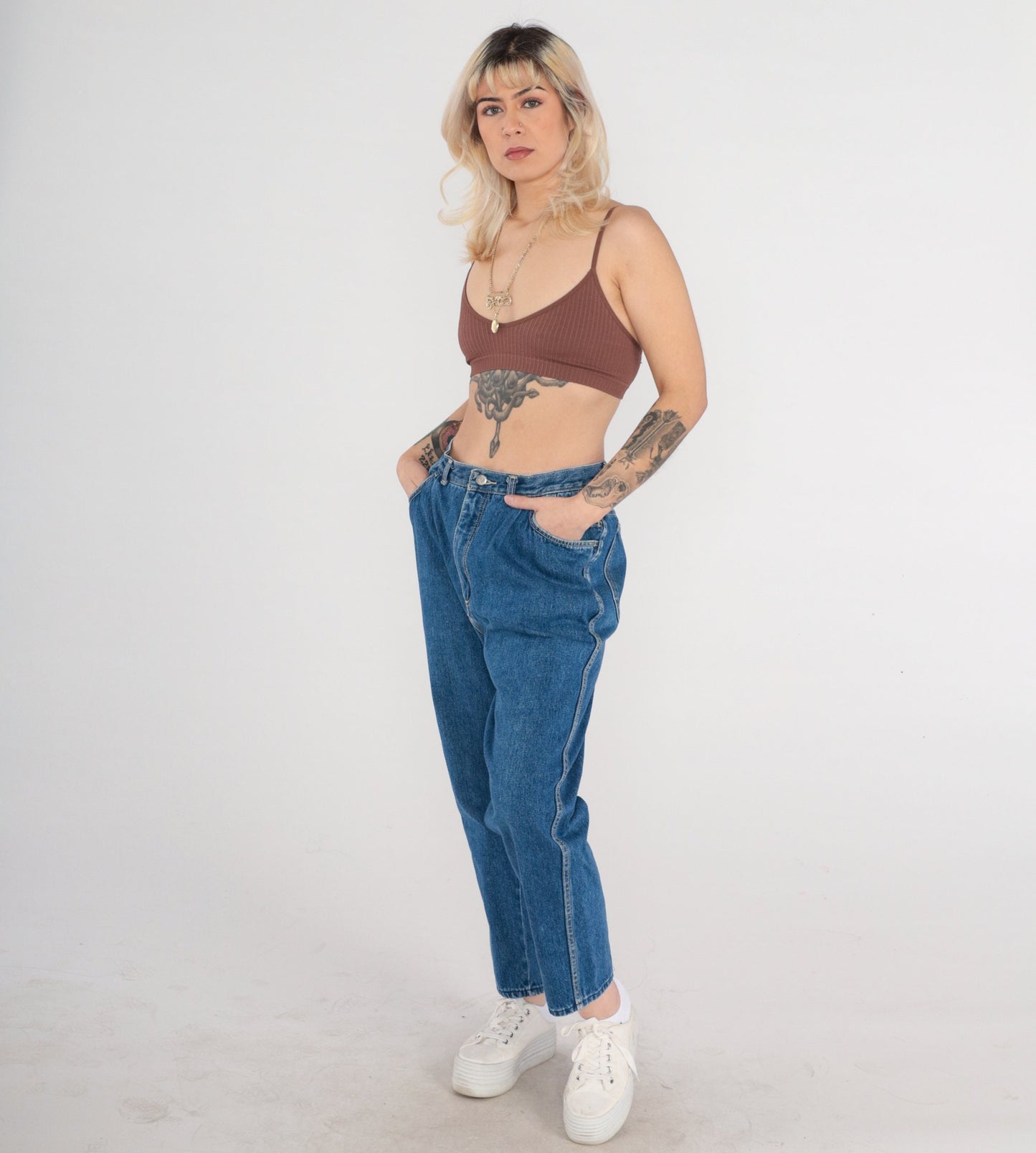 90s High Waisted Pleated Mom Jeans Tapered Denim Blue Medium