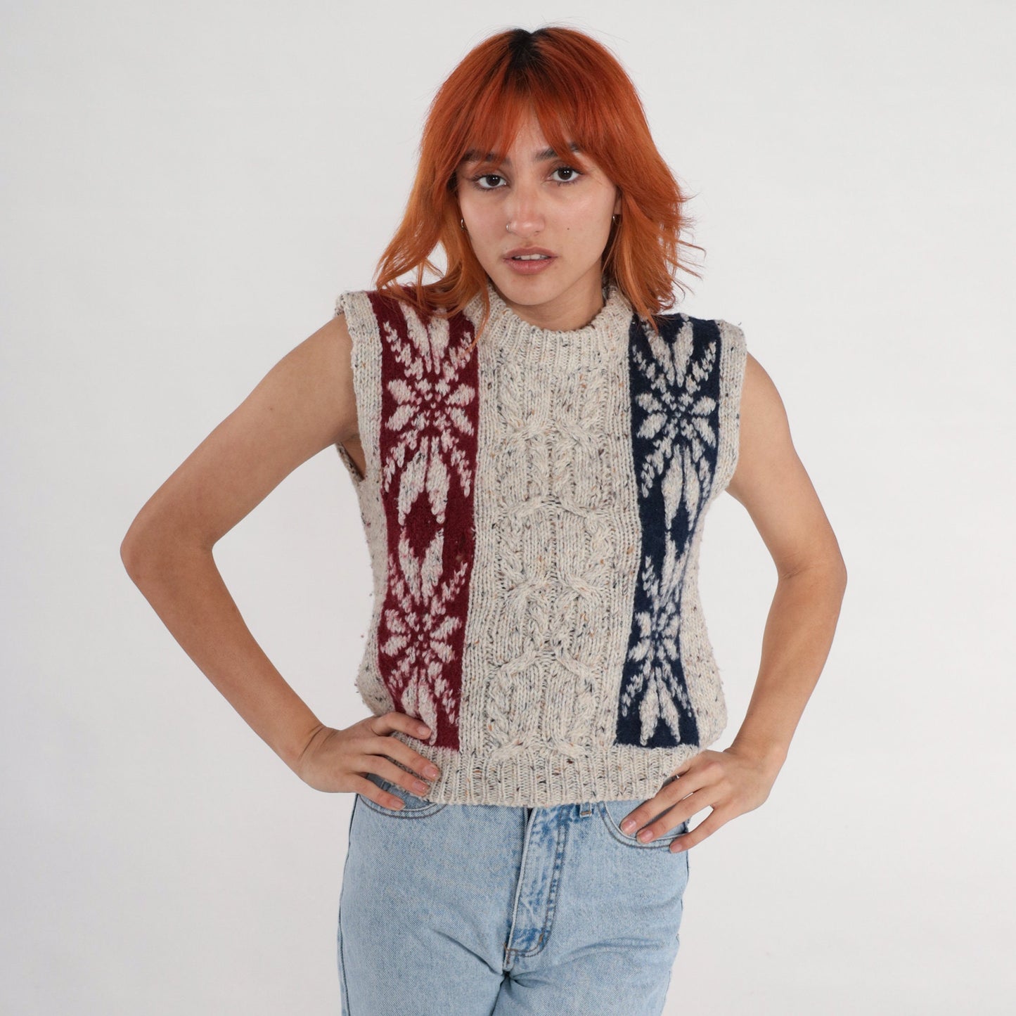90s Fair Isle Cable Knit Sweater Vest Oatmeal Flecked Nordic Top Extra Small