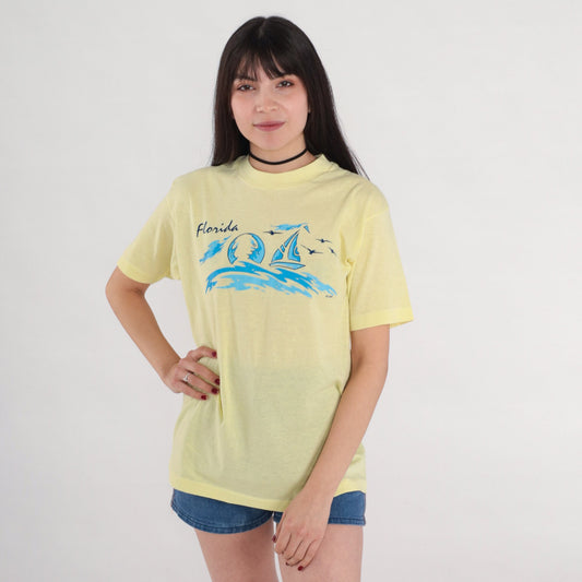 80s Florida Sailboat Graphic T-Shirt Yellow Single Stitch Tee Medium Large