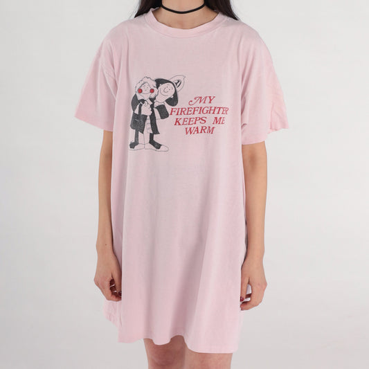 90s Firefighter Keeps Me Warm T-Shirt Dress Baby Pink Sleep Mini Cotton Small