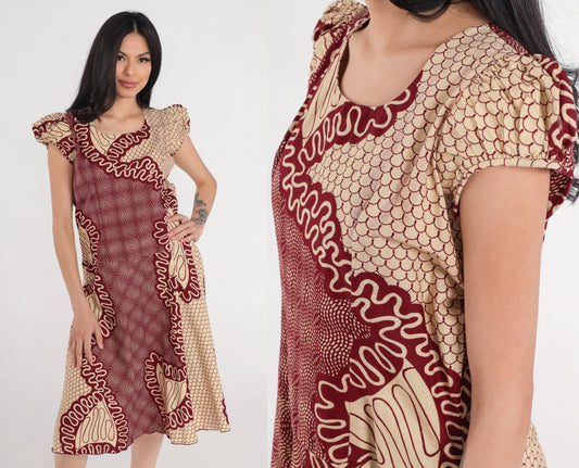90s Ghanaian Midi Dress Puff Sleeve Tan Red Abstract Print Medium