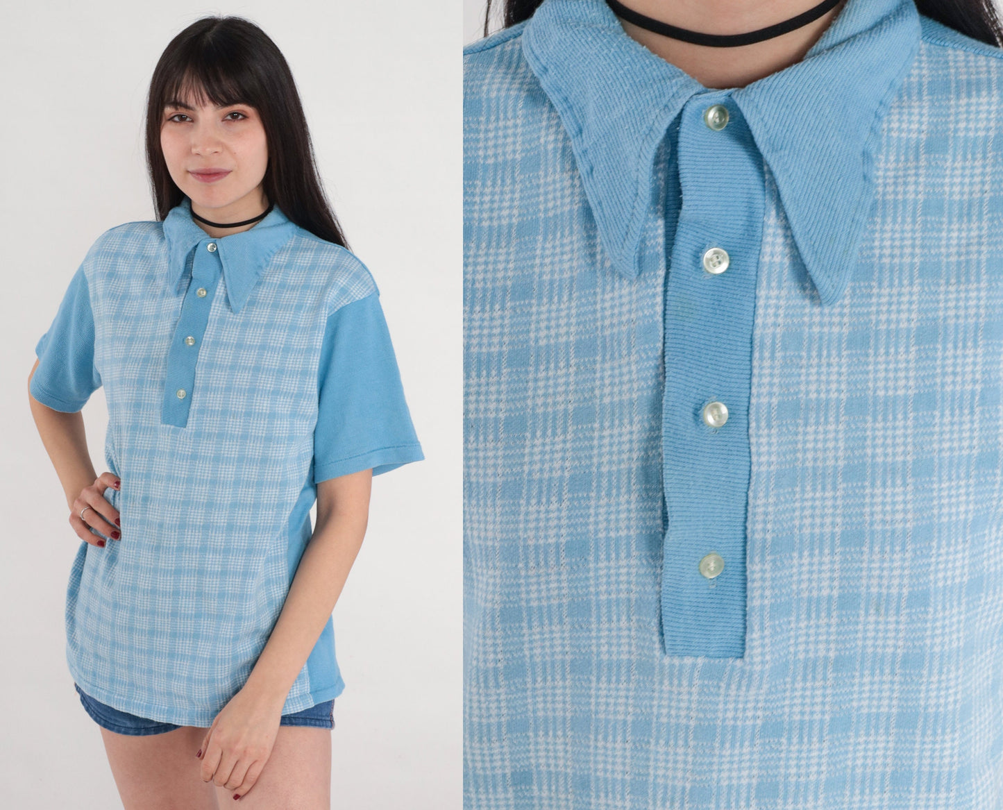 70s Blue Checkered Polo Shirt Collared Short Sleeve Button Up Medium
