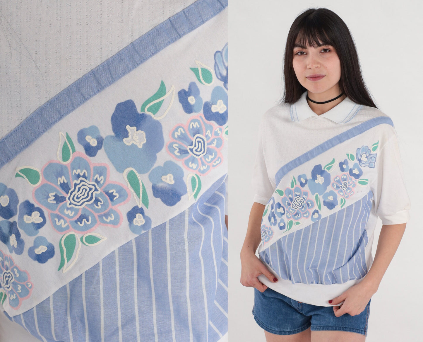 80s Floral Polo Shirt White Blue Striped Ribbed Collar Short Sleeve Medium
