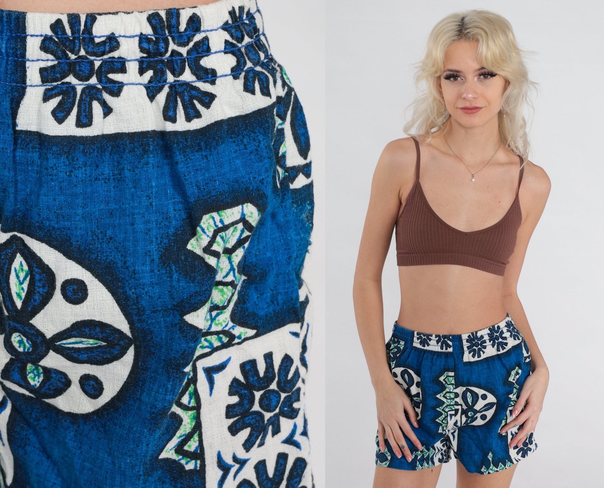 90s Hawaiian Floral Board Shorts Blue Geometric Print Swim Trunks Small