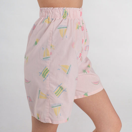 90s Pastel Pink High-Waisted Shorts Watermelon Palm Tree Sailboat Print XXS