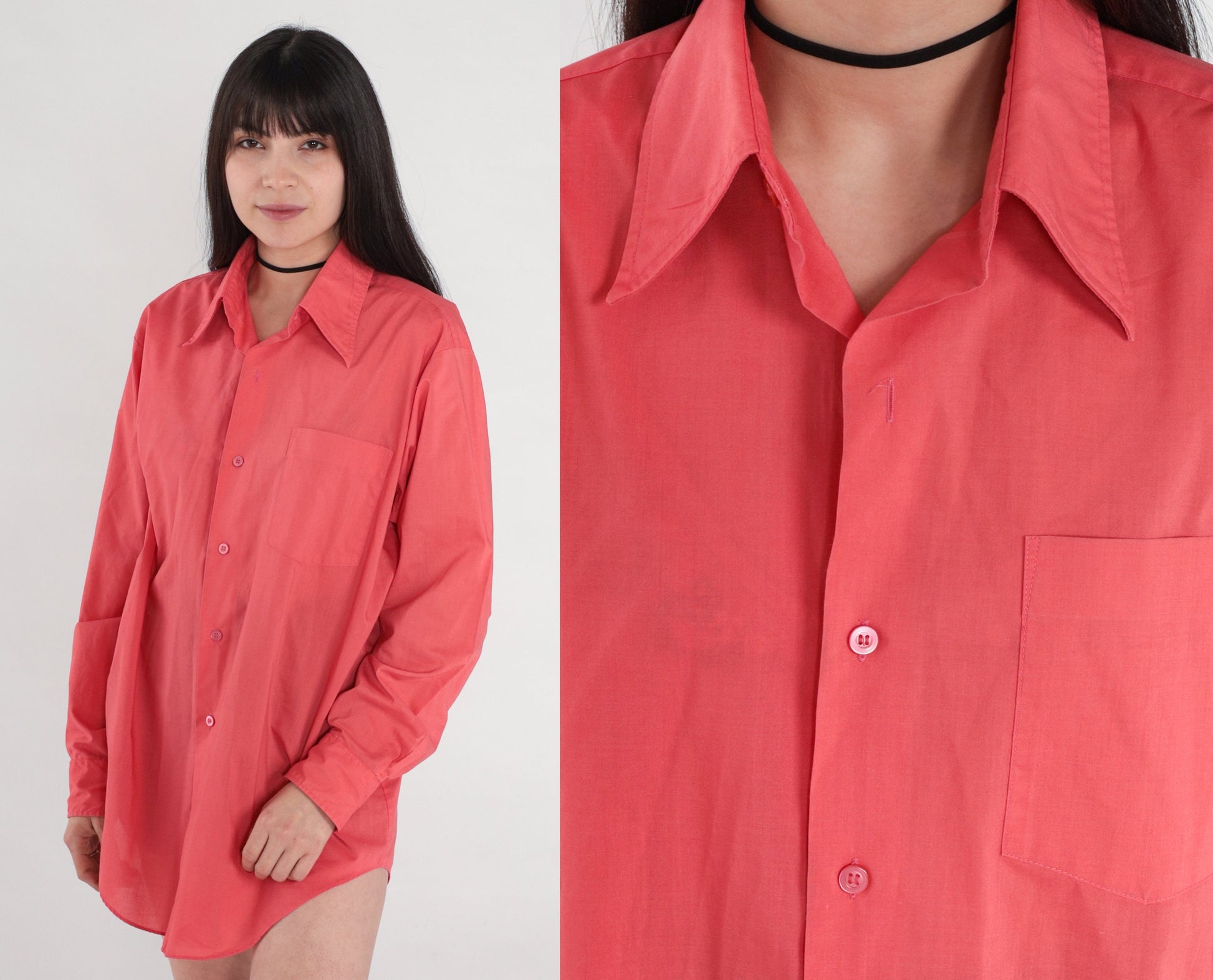 70s Coral Pink Button-Up Shirt Long Sleeve Collared Oxford Large