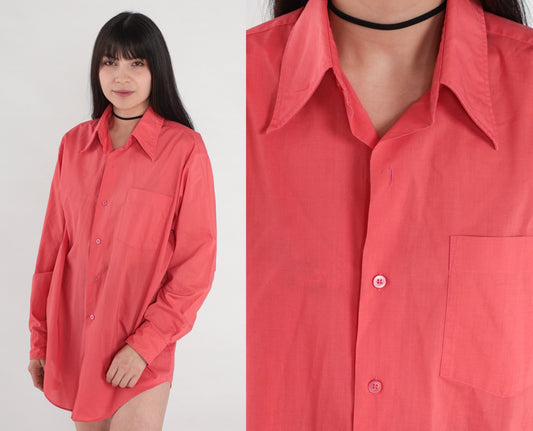 70s Coral Pink Button-Up Shirt Long Sleeve Collared Oxford Large