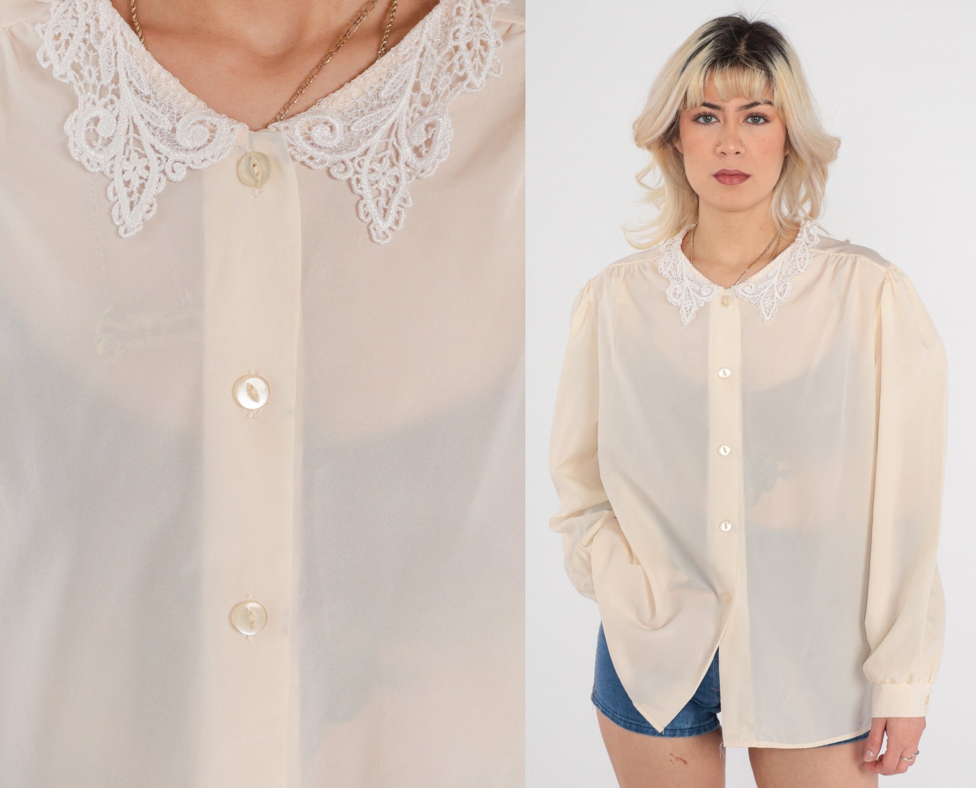 80s Cream Puff Sleeve Button-Up Blouse Lace Collar Long Sleeve Large