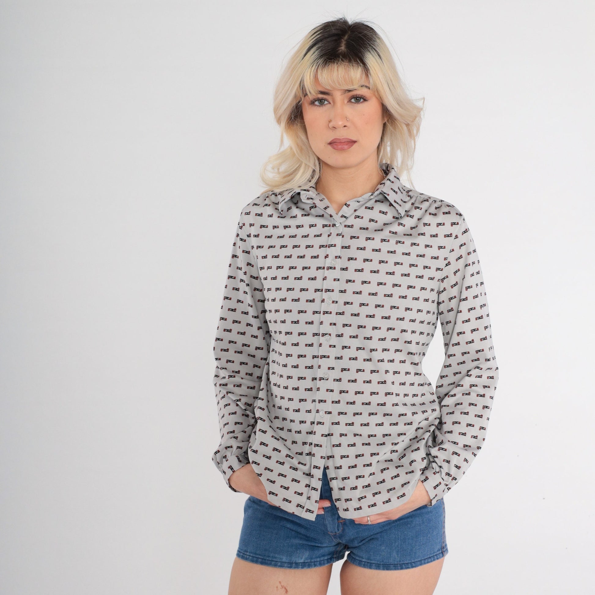 70s Grey Abstract Print Button-Up Blouse Dagger Collar Long Sleeve Medium