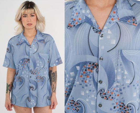 70s Blue Geometric Swirl Shirt Dagger Collar Button Up Short Sleeve Large