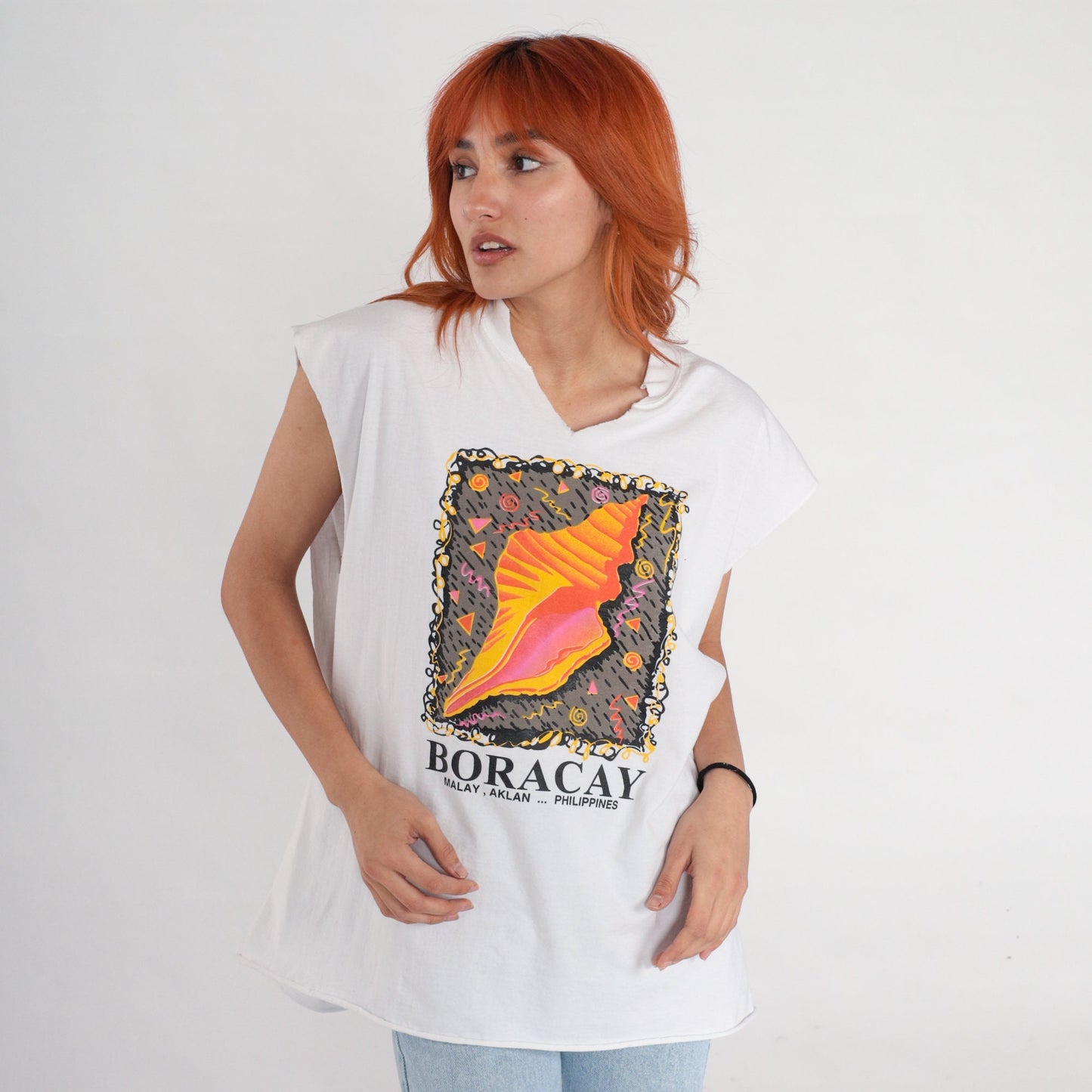 00s Boracay Philippines Seashell Graphic Tank Top White Large