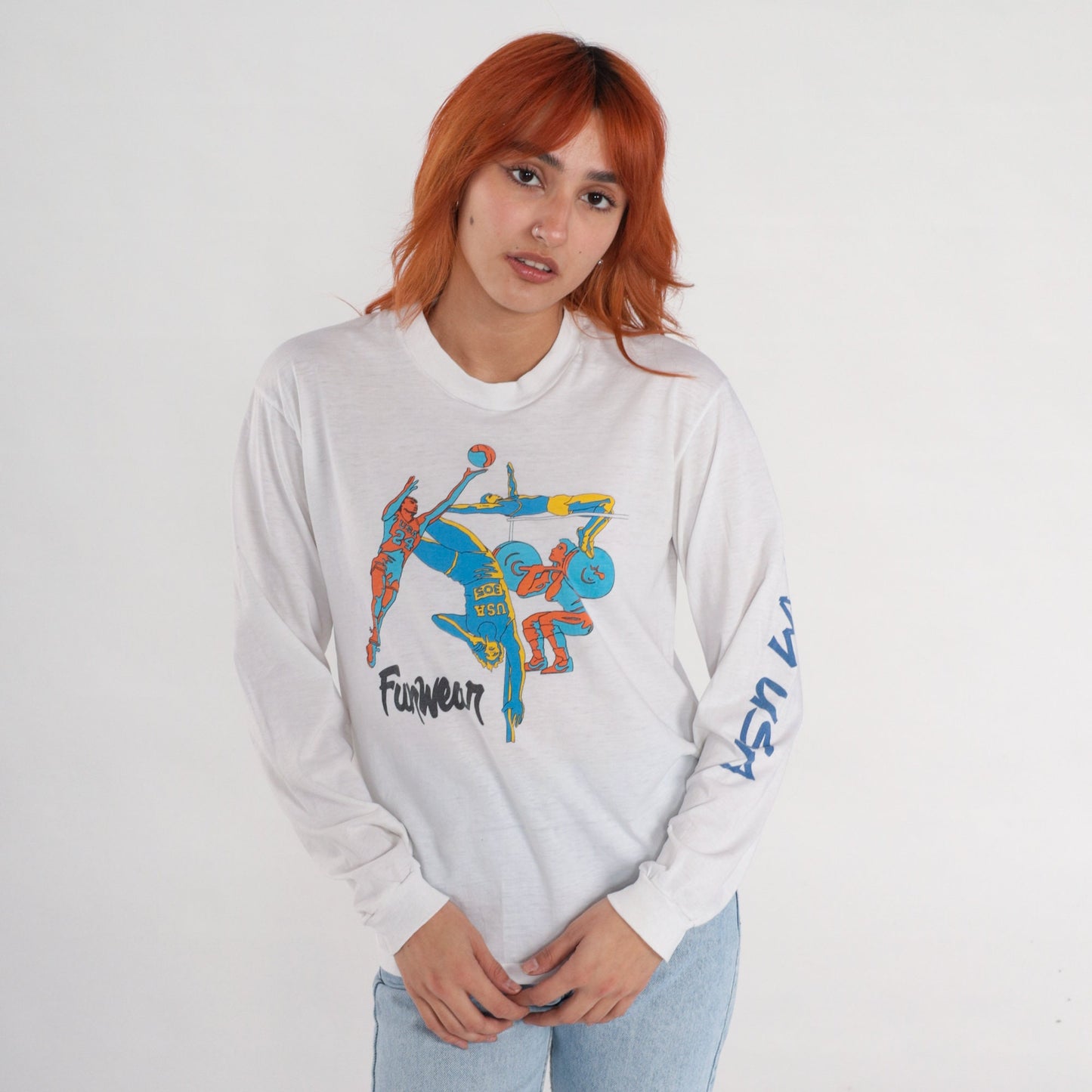 90s Funwear Sports Graphic Long Sleeve T-Shirt White Medium
