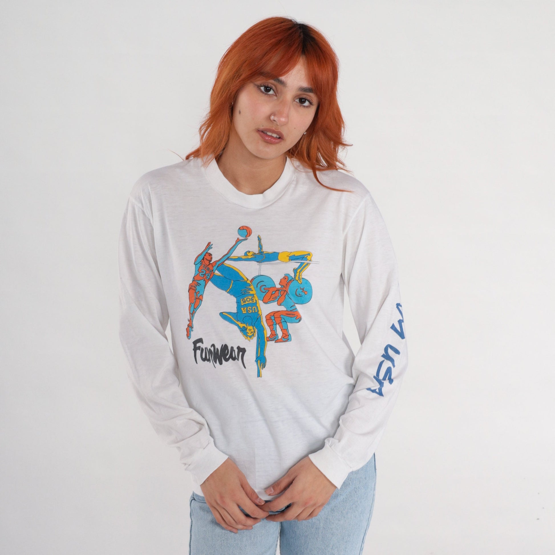 90s Funwear Sports Graphic Long Sleeve T-Shirt White Medium