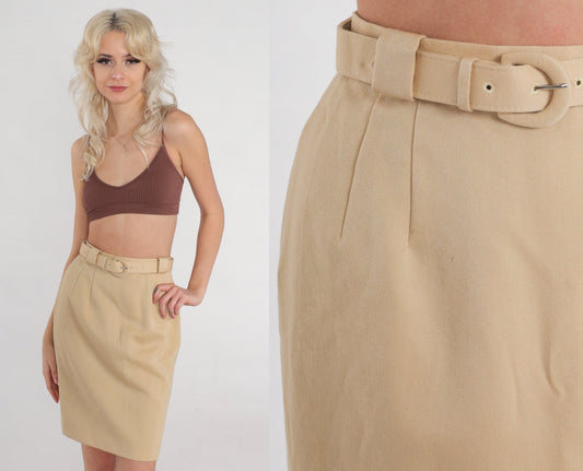 80s Tan Wool Pencil Skirt High Waisted Mini Attached Belt XXS
