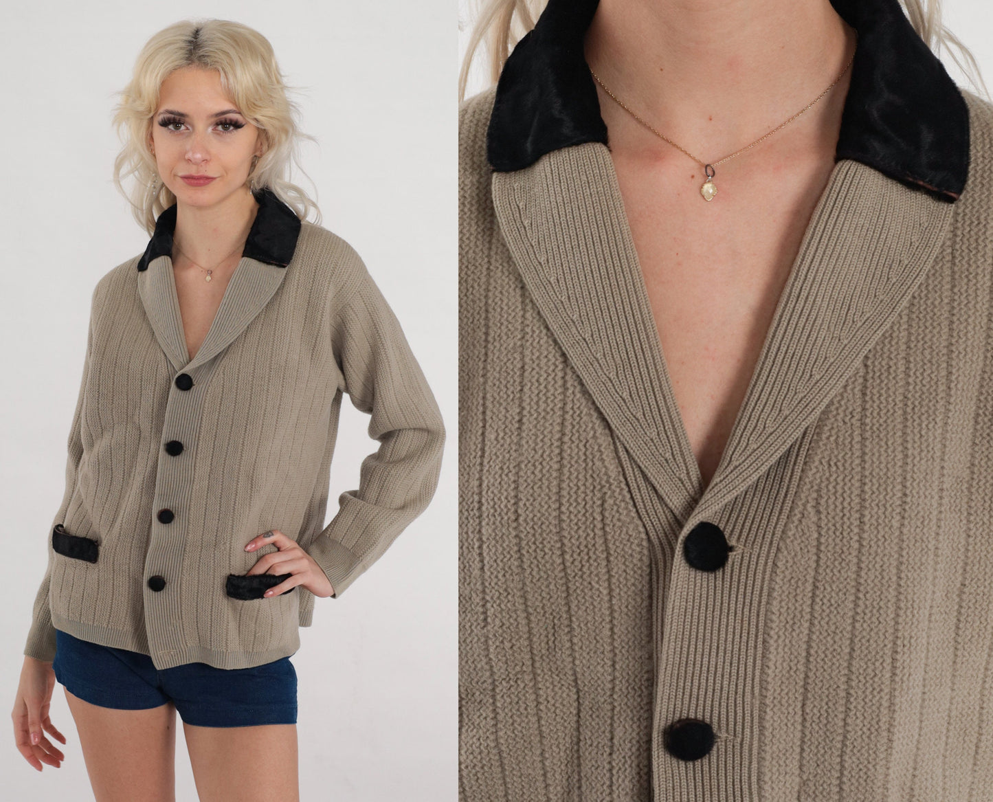 60s Taupe Wool Cardigan Leather Trim Shawl Collar Ribbed Knit Medium
