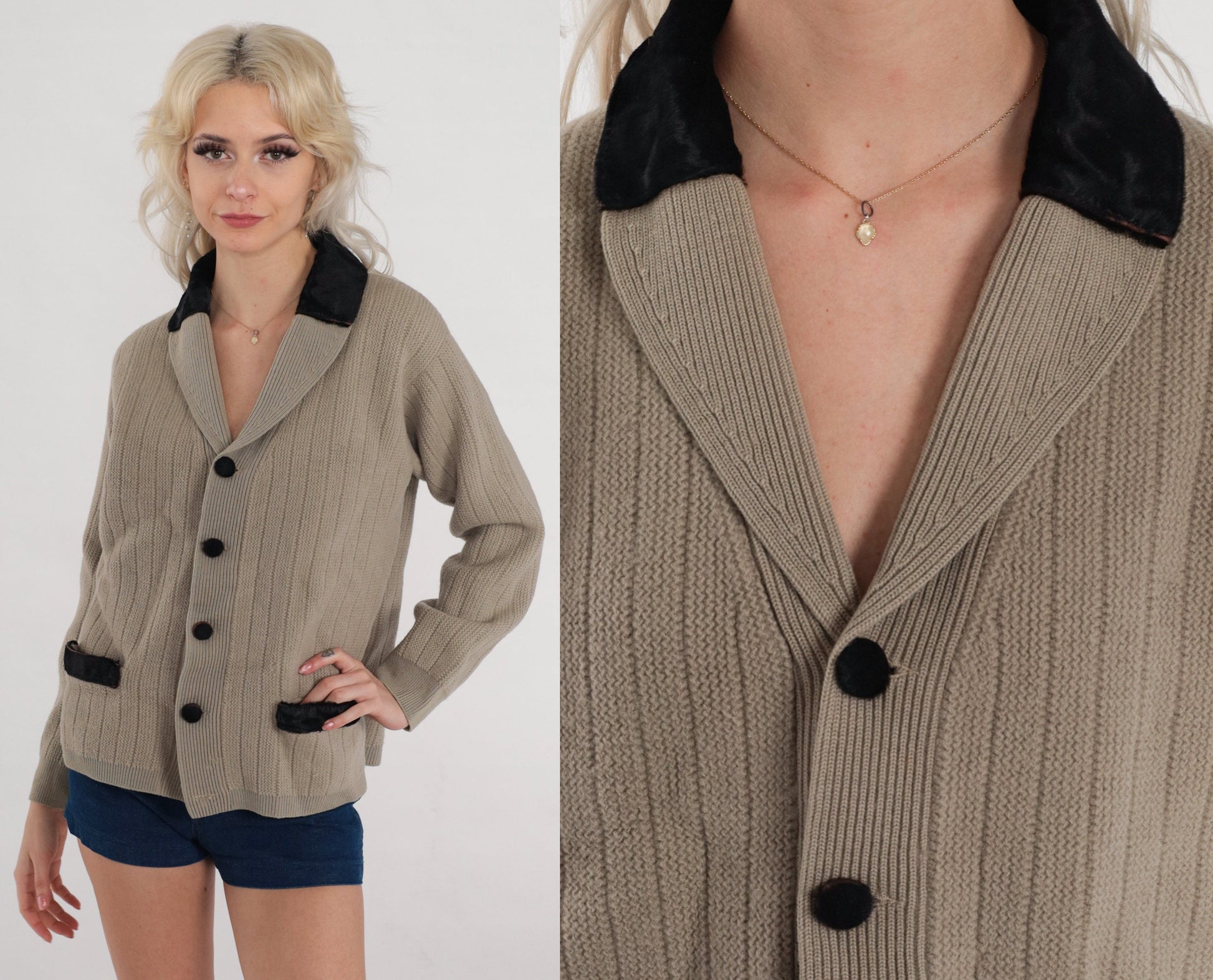 60s Taupe Wool Cardigan Leather Trim Shawl Collar Ribbed Knit Medium