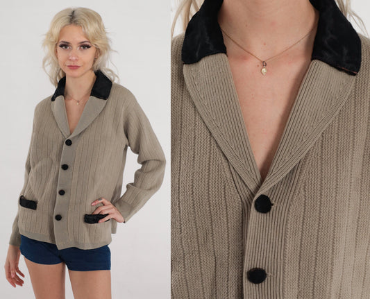 60s Taupe Wool Cardigan Leather Trim Shawl Collar Ribbed Knit Medium