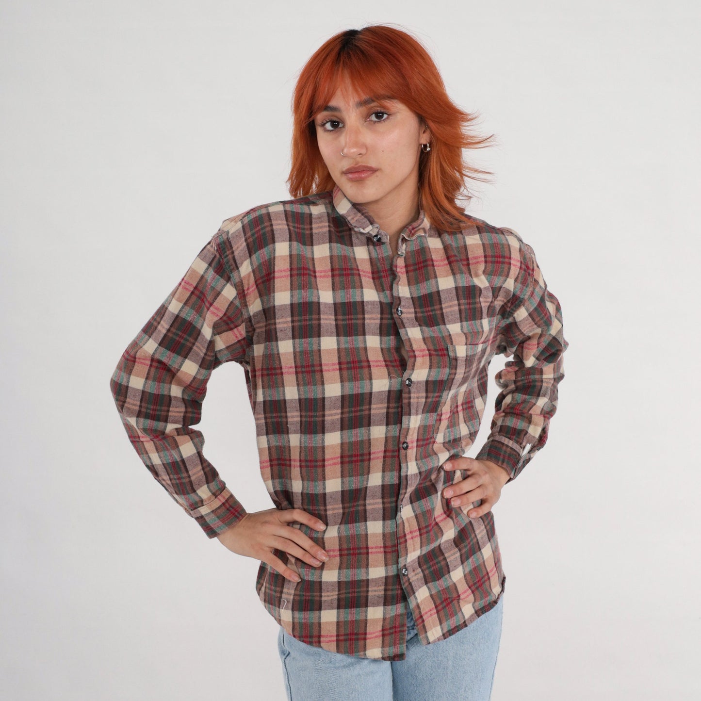 90s Brown Plaid Button-Up Shirt Long Sleeve Checkered Flannel Large L