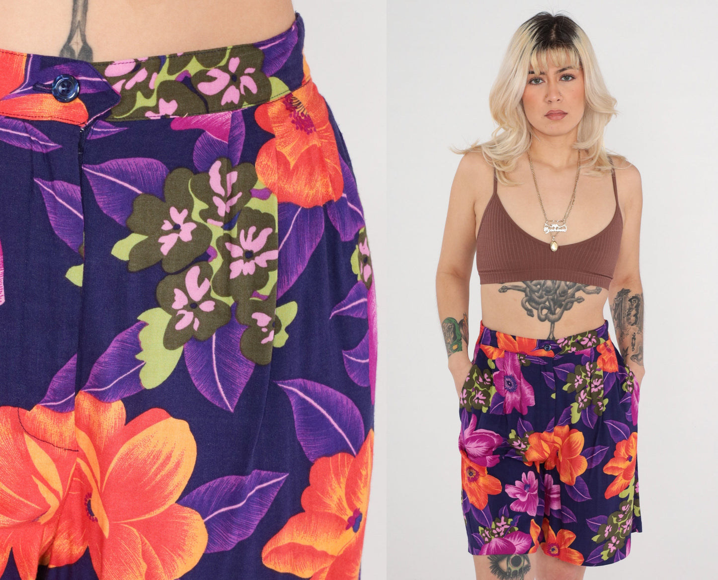 90s Tropical Floral High-Waist Shorts Purple Orange Rayon Medium