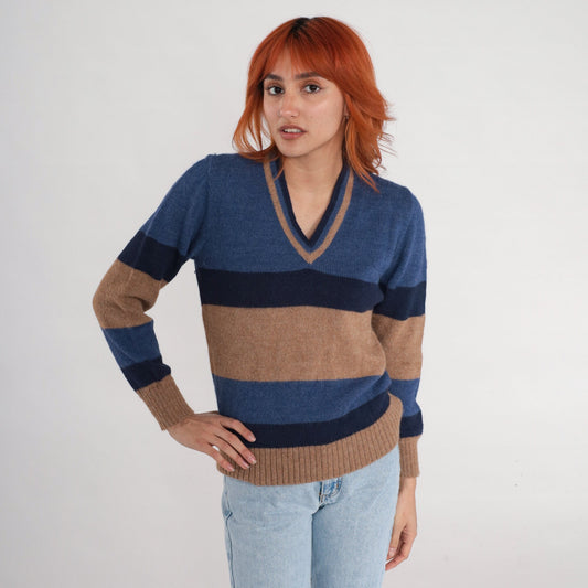 90s Alpaca Wool V-Neck Sweater Tan Blue Striped Pullover Small S
