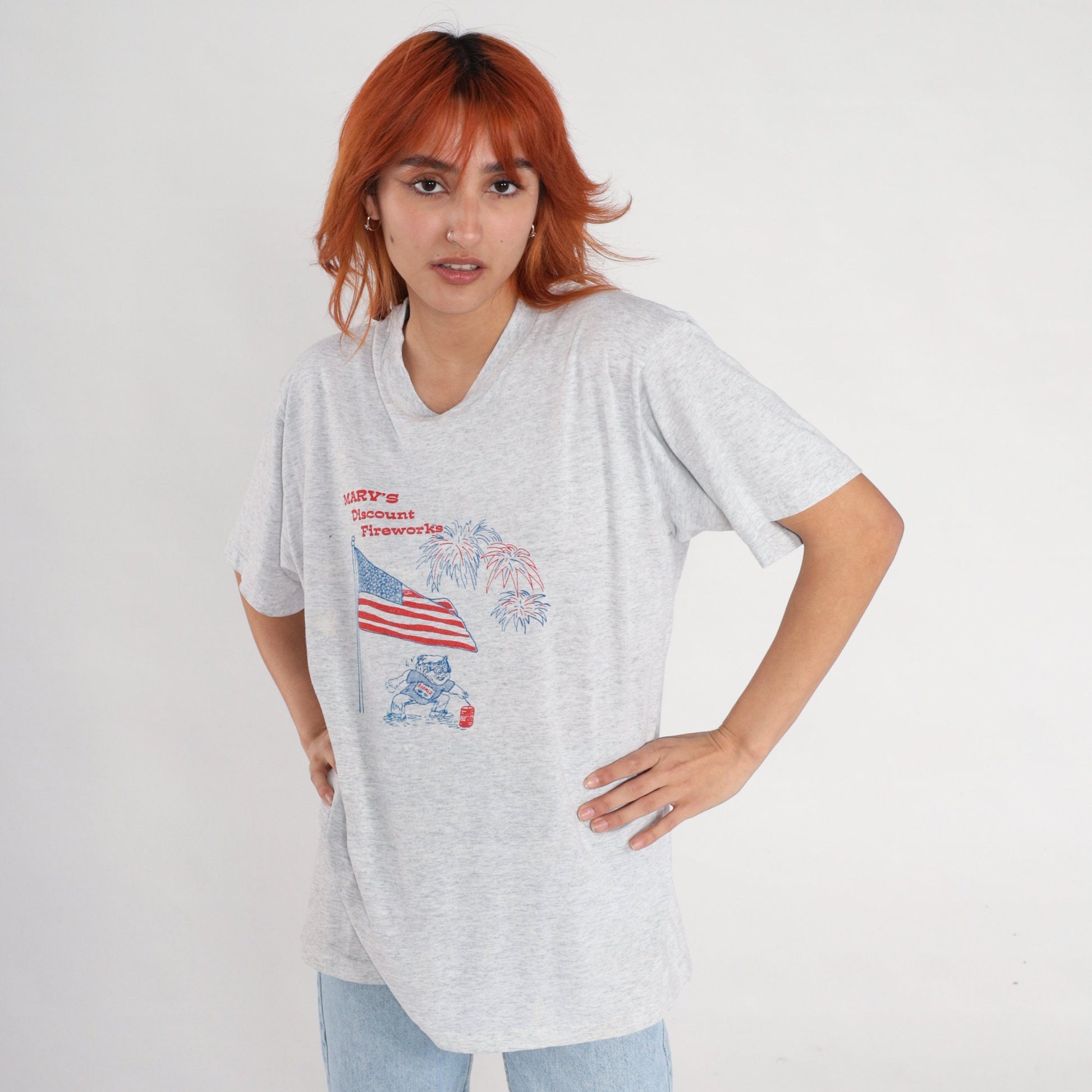 90s Marv's Discount Fireworks American Flag Graphic T-Shirt Grey Large