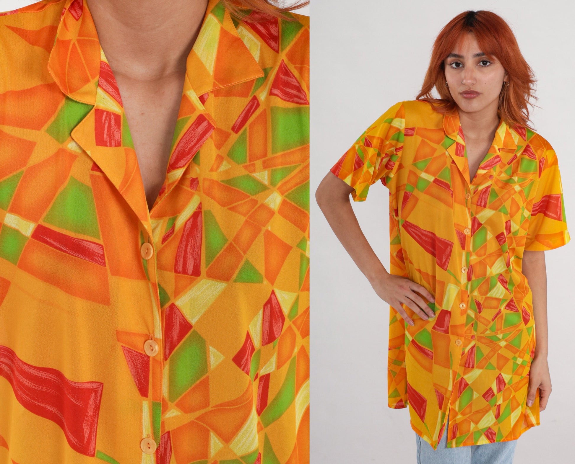 90s Yellow Geometric Mosaic Button Up Shirt Short Sleeve Blouse Extra Large