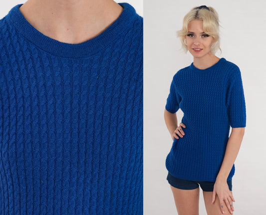 70s Pendleton Blue Wool Cable Knit Sweater Short Sleeve Crewneck Small