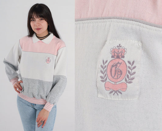 90s Colour Block Sweatshirt Grey Pink White Crest Pullover Medium