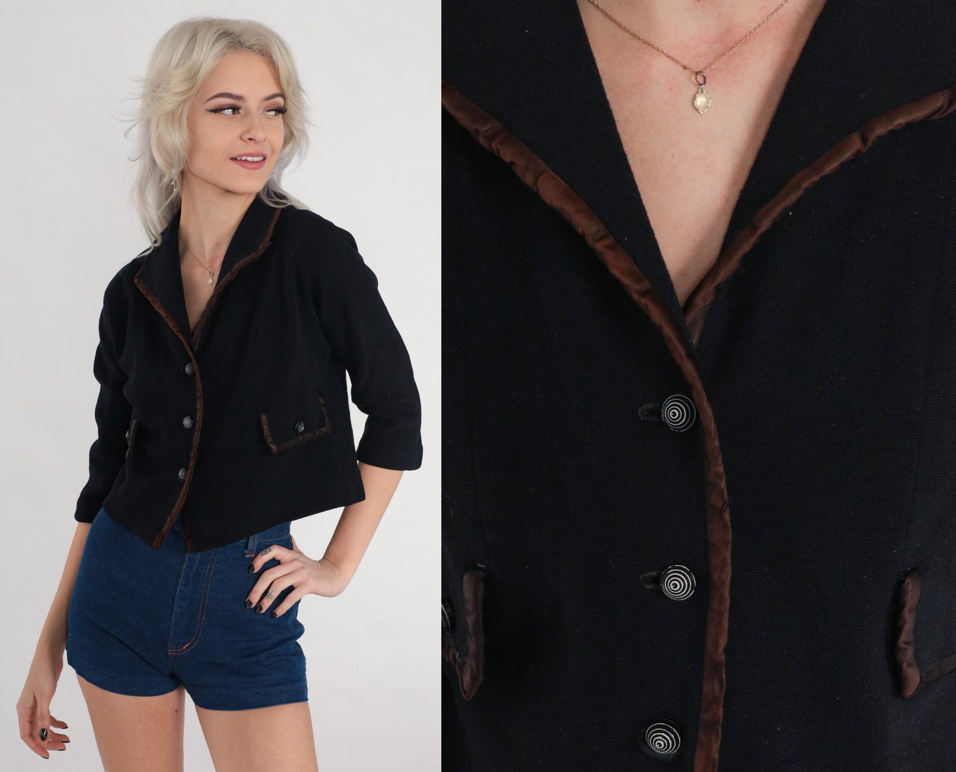 60s R & K Knits Black Wool Blend Blazer Brown Trim Cropped 3/4 Sleeve Extra Small