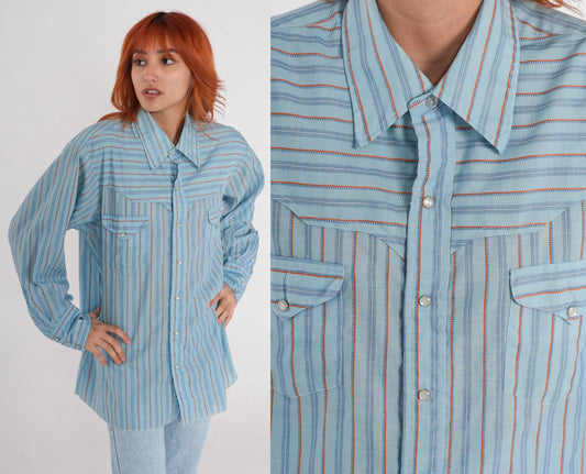 80s Western Pearl Snap Shirt Blue Striped Long Sleeve Men's 17-33