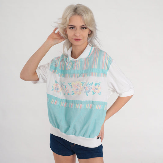 80s Floral Striped Polo Shirt White Collared Short Sleeve Medium