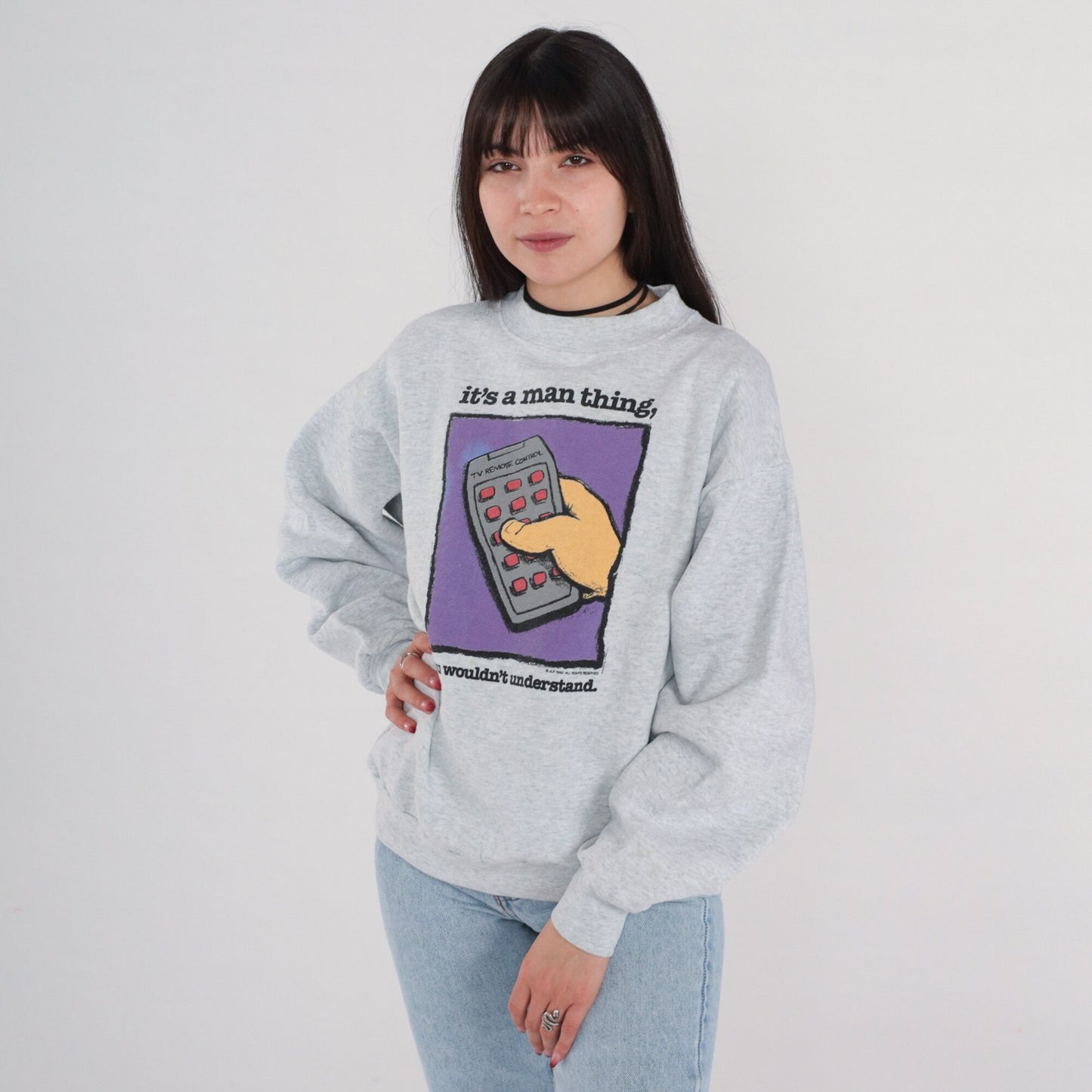 90s Remote Control Graphic Sweatshirt "It's a Man Thing" Grey Pullover Large