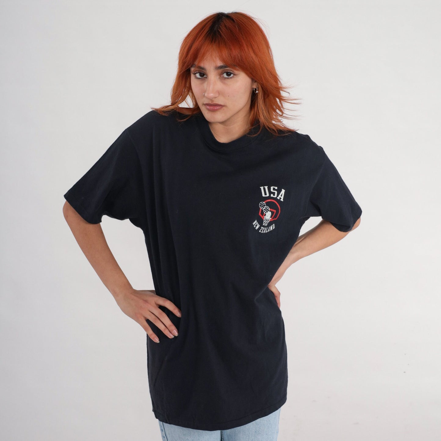 90s USA New Zealand Basketball Tournament Graphic T-Shirt Cotton Black Extra Large XL