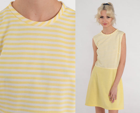 70s Yellow & White Striped Shift Mini Dress Sleeveless Medium