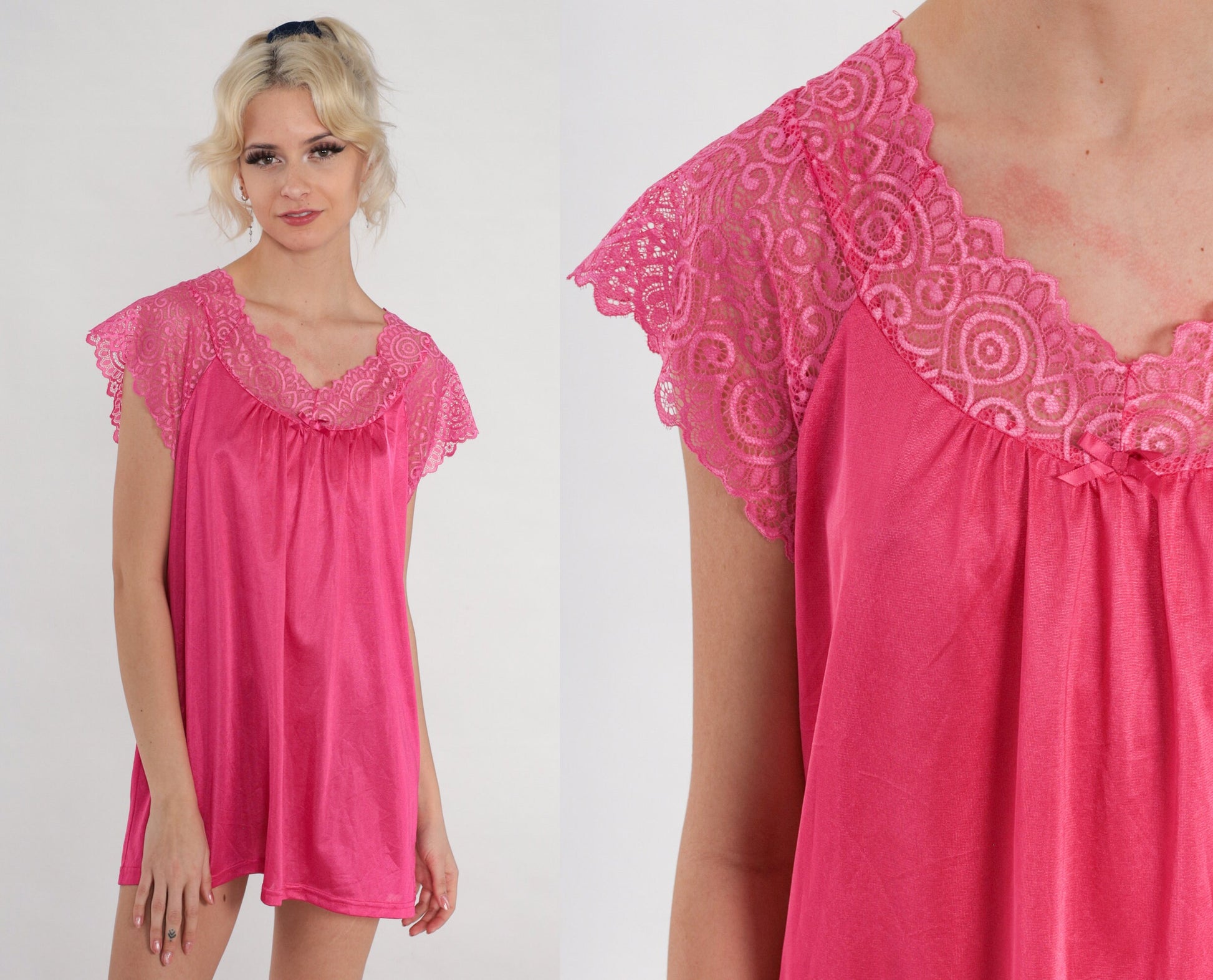 90s Pink Lace Nylon Pajama Top Short Sleeve Tunic Small