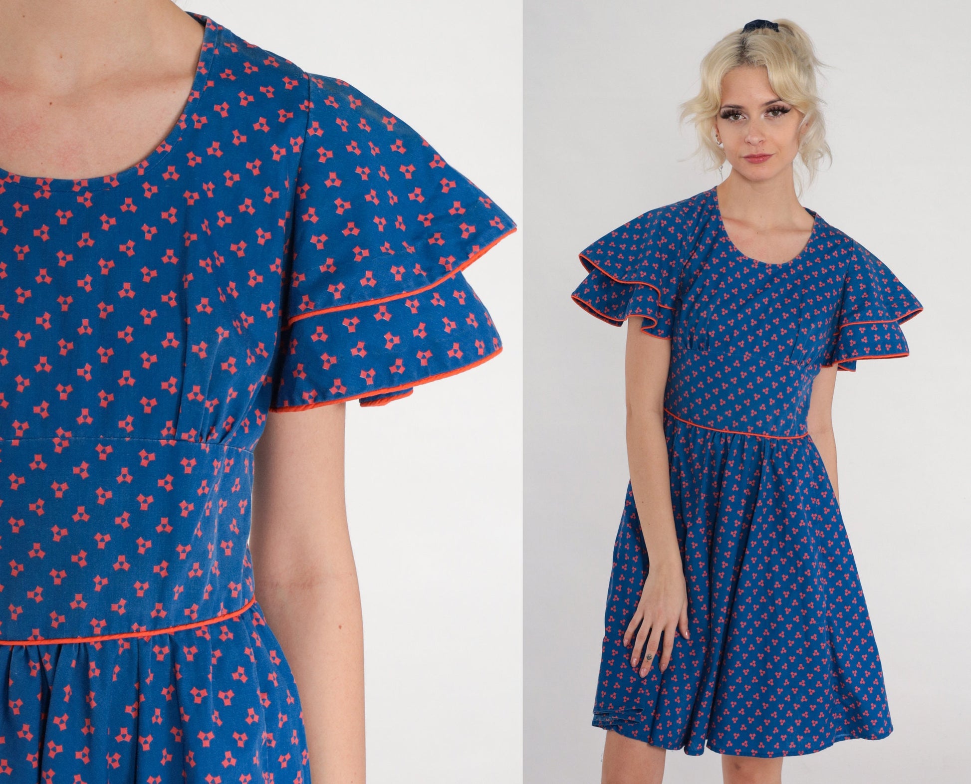 60s Blue Square Dot Mini Dress Flutter Sleeve High Waist Full Skirt Extra Small