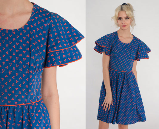 60s Blue Square Dot Mini Dress Flutter Sleeve High Waist Full Skirt Extra Small